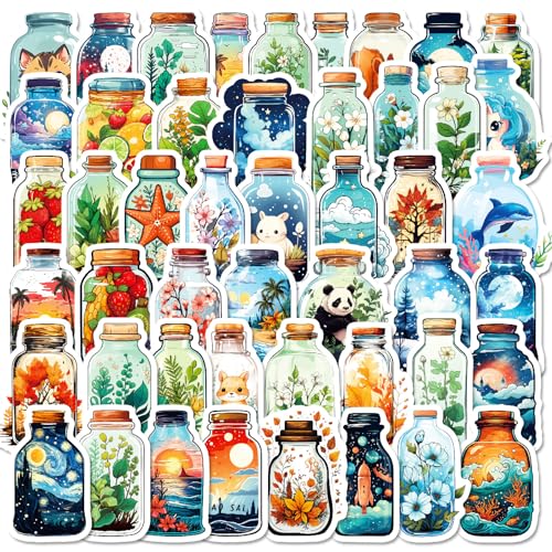50枚入り ビンの中の世界 クリエイティブ イラスト ステッカー 防水デカール 動物&植物デザイン ラップトップ・ギター・ヘルメット・スマホ・スーツケース・手帳装飾用 DIY