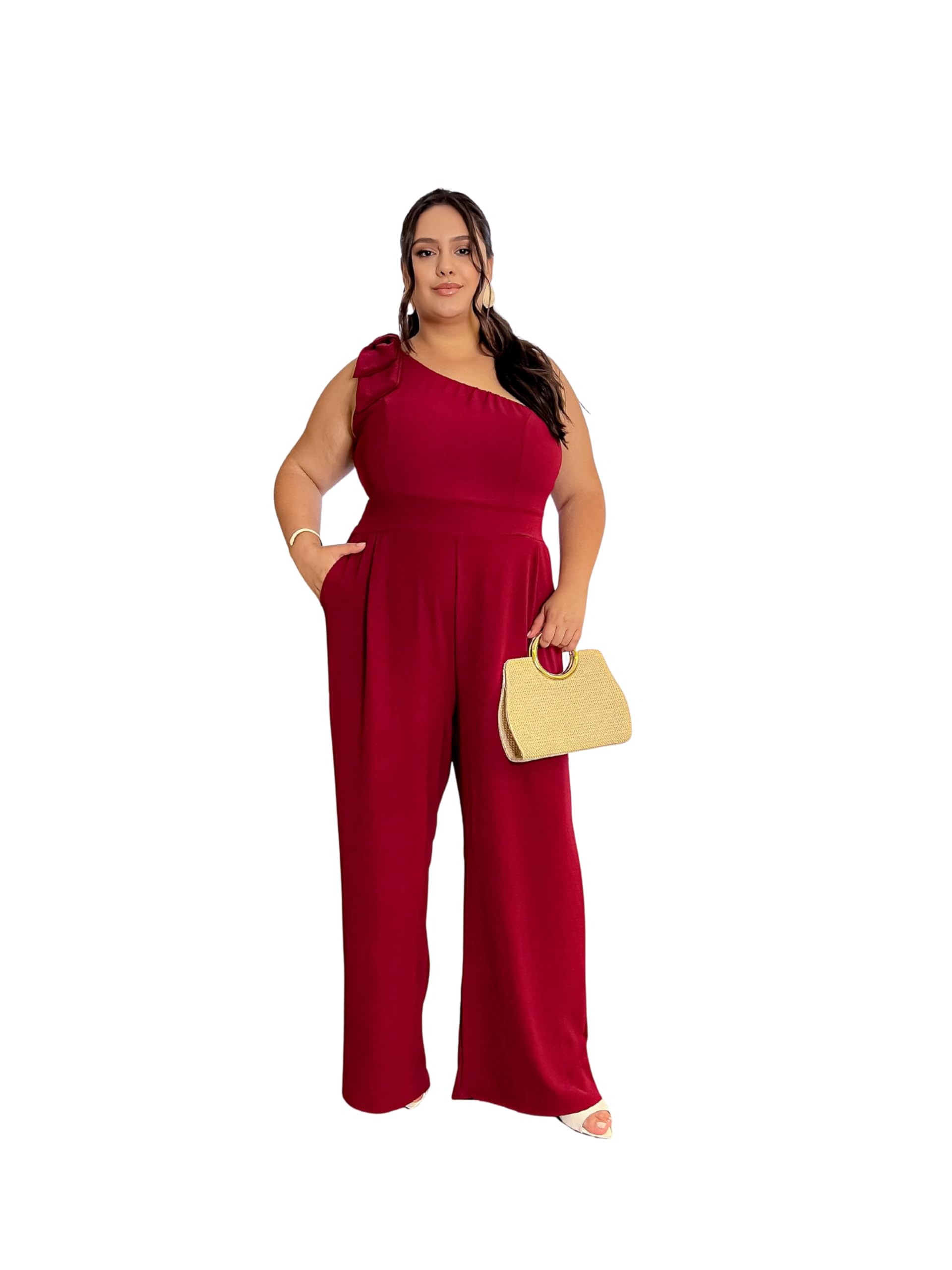 Macacão Feminino Longo Plus Size Pantalona Um Ombro Só com Laço