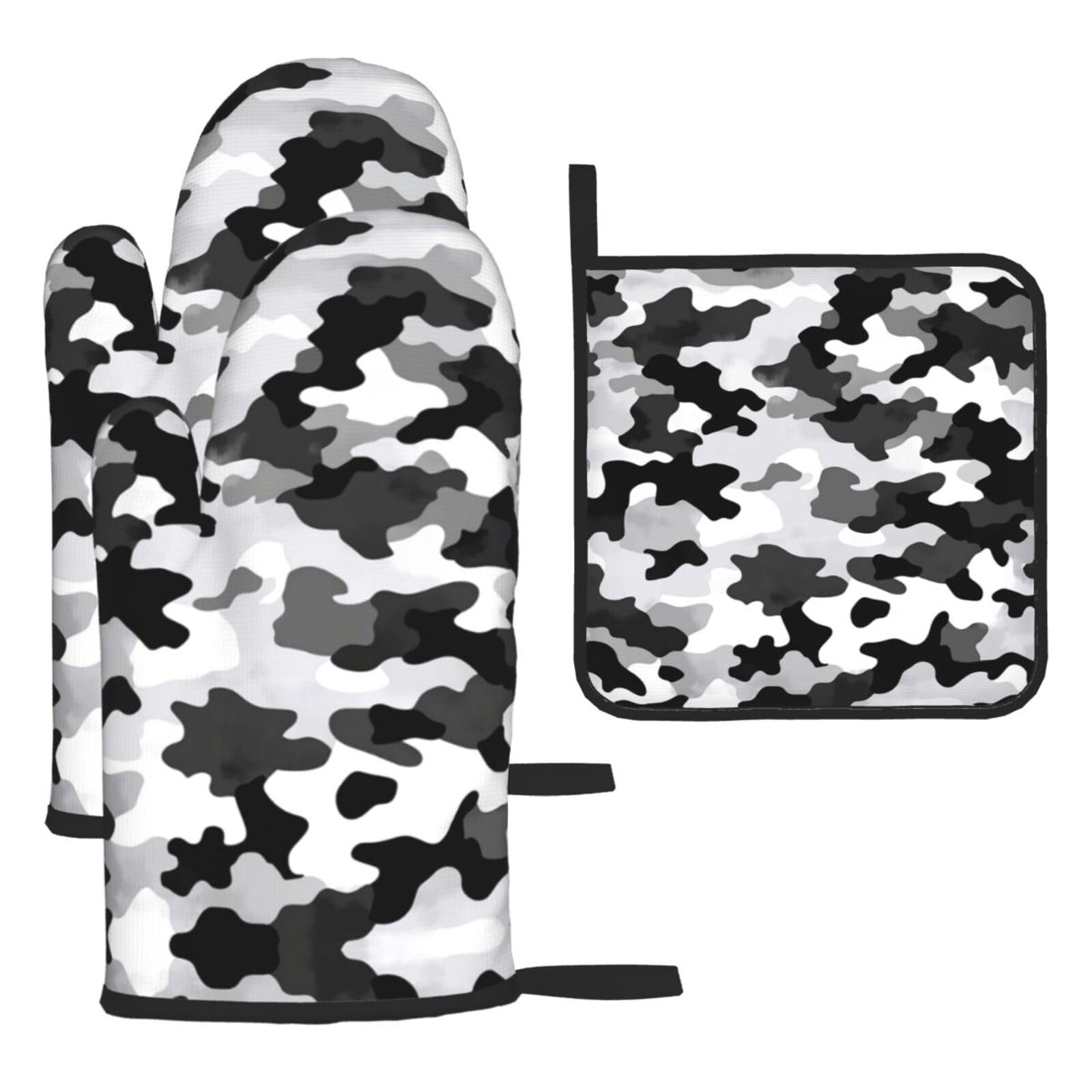 Oven Mitts and Pot Holders Set of 3 Heat Resistant Non-Slip Kitchen Gloves Hot Pads Black Grey White Camo Mittens Non-Slip Potholders for Cooking Baking Grilling BBQ
