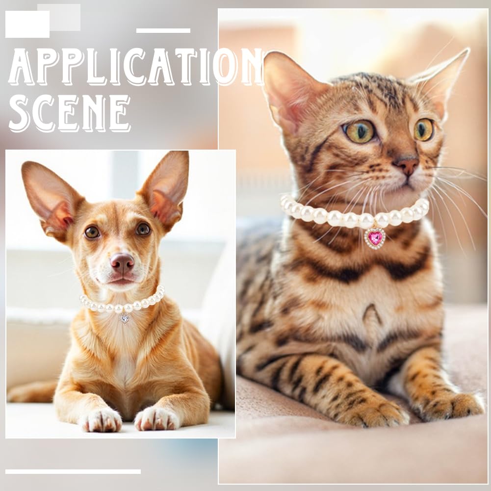 CREATCABIN 2Pcs 2 Styles Pearl Cat Collar Pet Necklace Collar Resin Imitation Pearls Beaded Adjustable Extender Necklaces with Alloy Rhinestone Heart Charm for Small Dog Jewelry Accessories 9.4 Inch - Image 4
