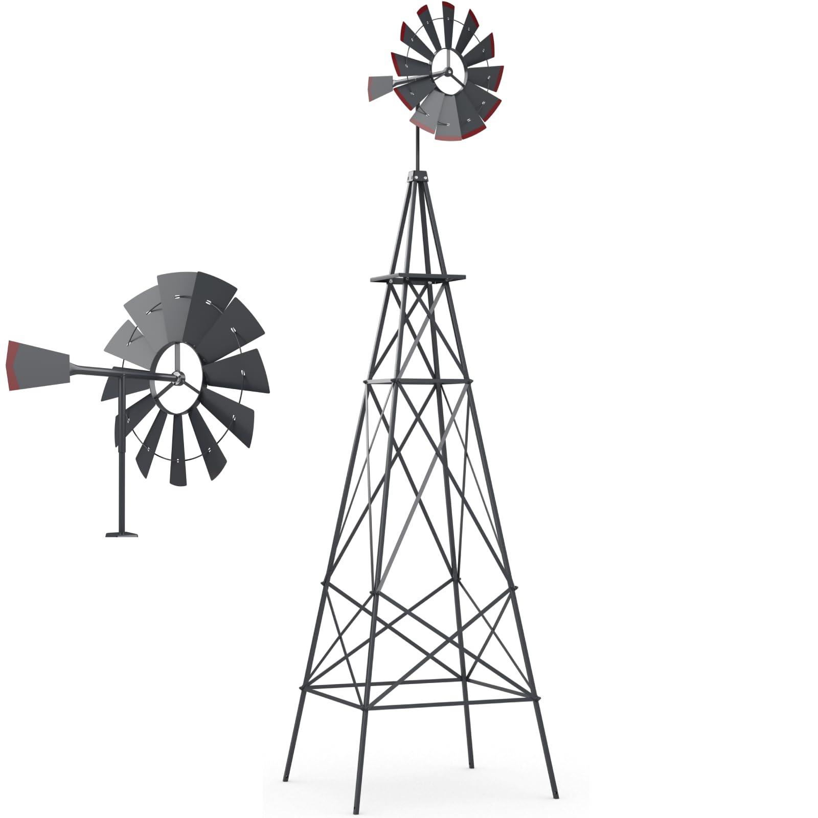 Garden Metal Windmill, 8FT Ornamental Wind Mill, Garden Decoration Weather Vane for Farm, Backyard and Patio (Dark Grey, More X-braces)