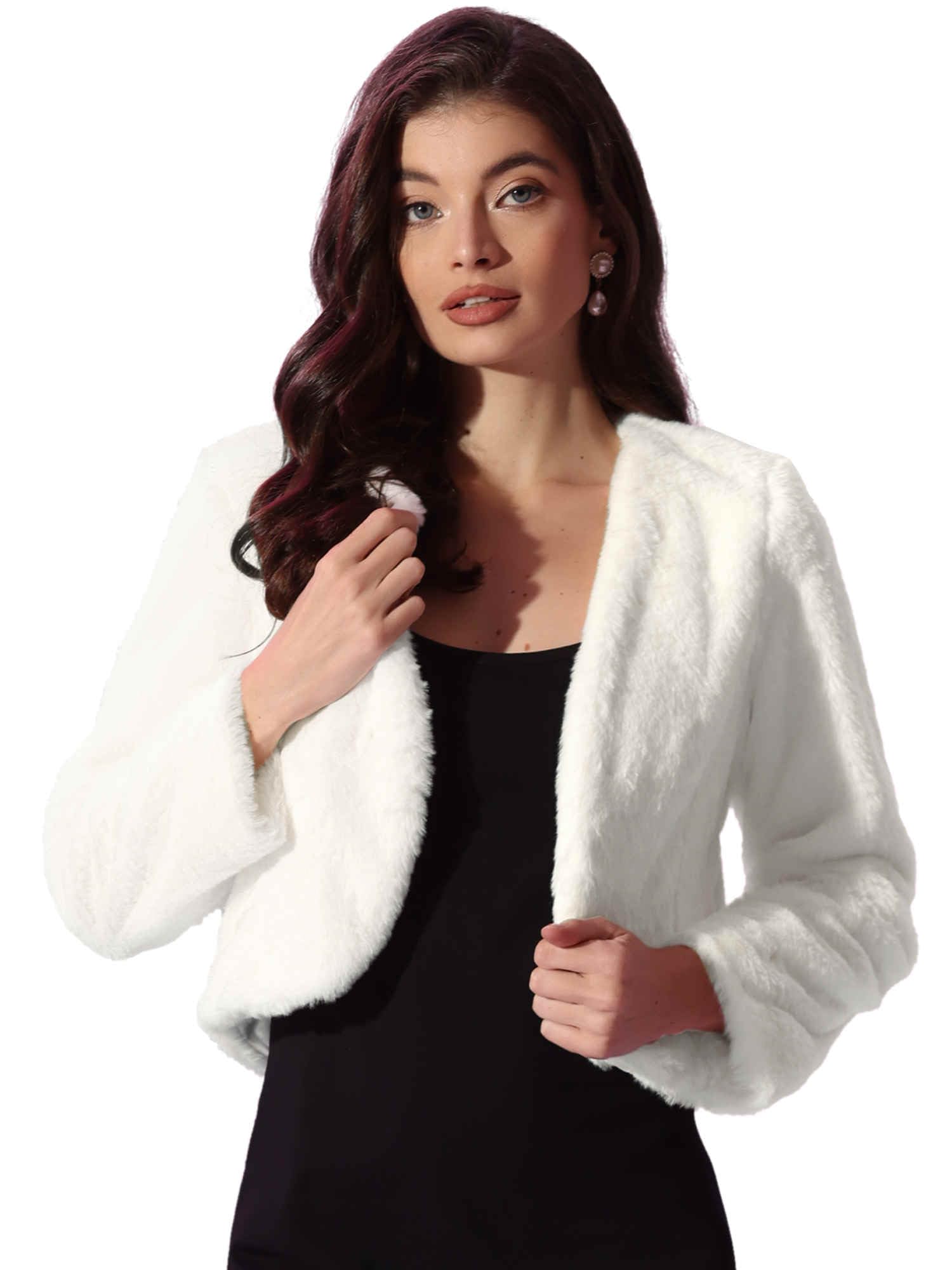 small Allegra K Cropped Jacket for Women's Faux Fur with Pockets Long Sleeve Open Front Wedding Bolero Gowns Coat