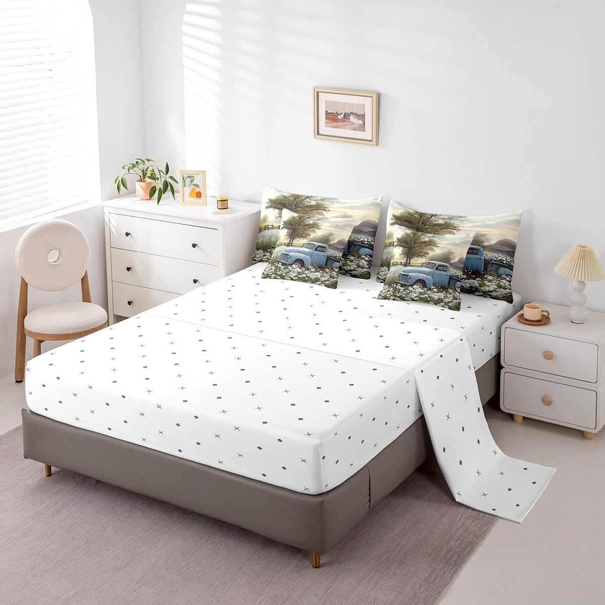 Erosebridal Farmhouse 7 Pcs Comforter Set King Size Old Barn Bedding Set for Young Teens Country Antique Pickup Truck Sheet Set Bed in A Bag Blue Car White Flowers Retro Tree Spring Bed Set