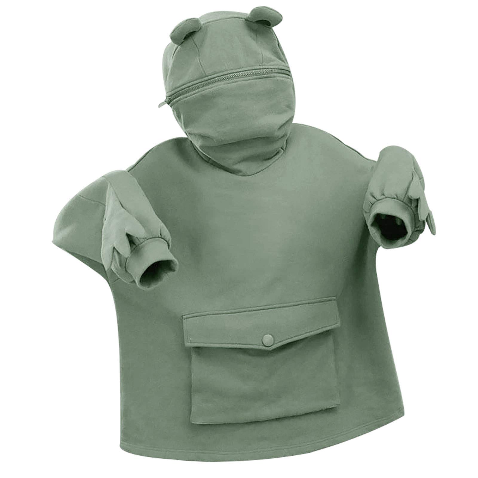 Women's Green Cute Frog Hoodie For Teen Girls Novelty Zipper Mouth Hooded Sweatershirt Front Large Pocket Kawaii Jumper Tops 3D Animal Cartoon Hoody Pullover Top M