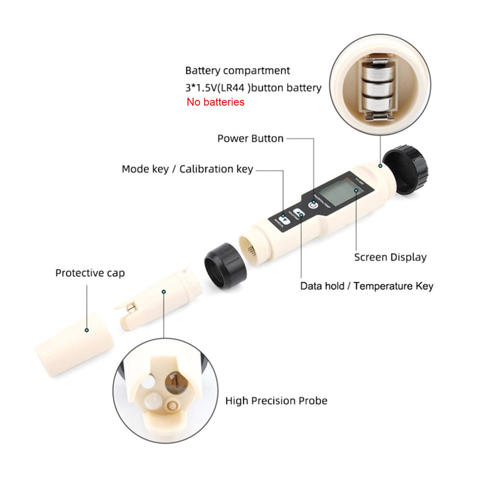 Testeur multifonctionnel de moniteur de qualité de l'eau, testeur de température portable 4 en 1 PH ORP H2, affichage numérique LCD, testeur d'eau idéal pour piscine/eau
