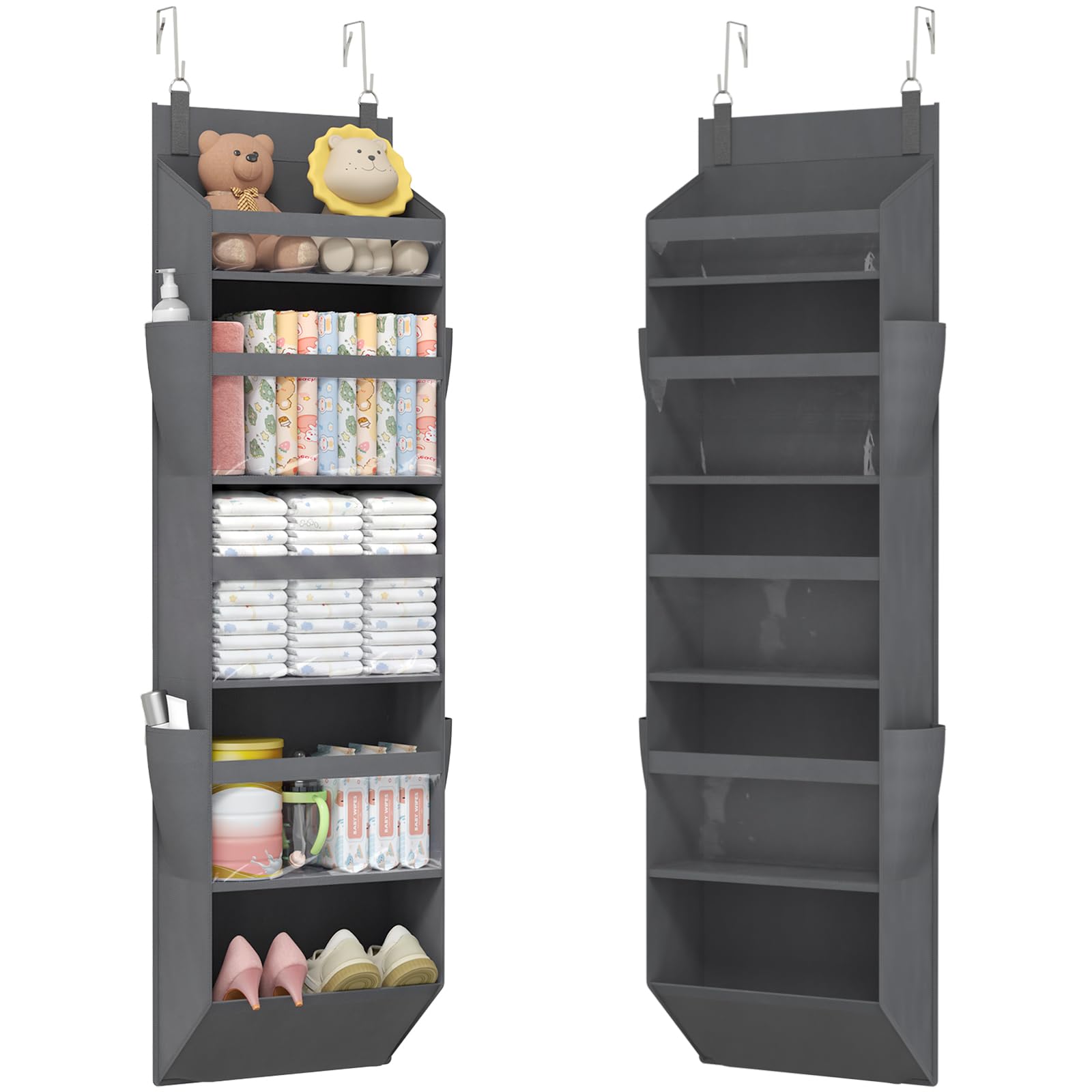 Lifewit 1 Pack Over the Door Organizer, 5 Section Clear Window Hanging Storage with 4 Side Pockets, Sturdy Anti Tilt 40 lbs Load Behind Door for Closet, Bedroom, Bathroom, Nursery, Dorm, Dark Gray