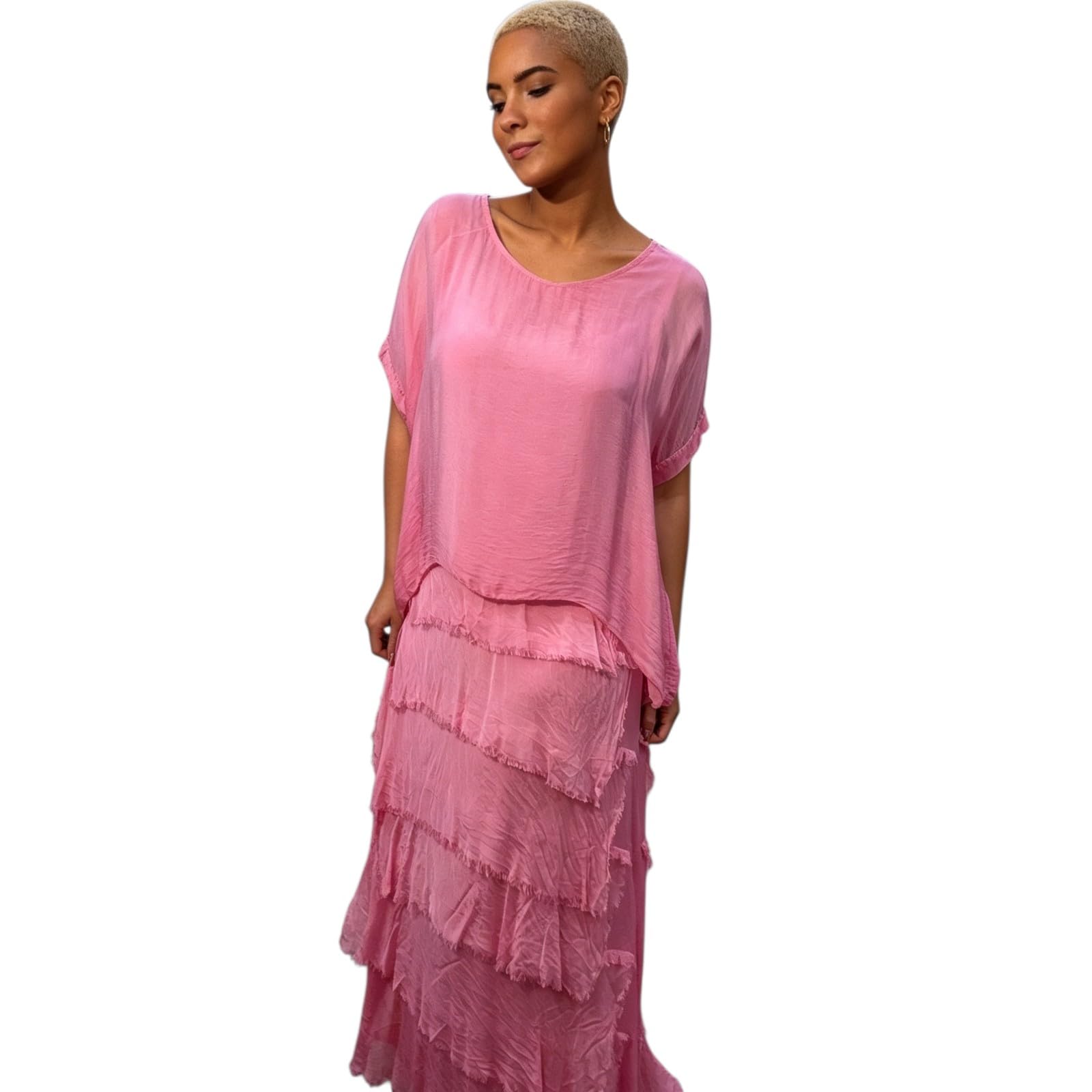 Alam Exclusive Ladies Womens Italian Lagenlook Plain Short Sleeve Frill Frayed Detail Silk Midi Maxi Dress One Size (as8, Numeric, Numeric_8, Numeric_16, Regular, Regular, Pink)
