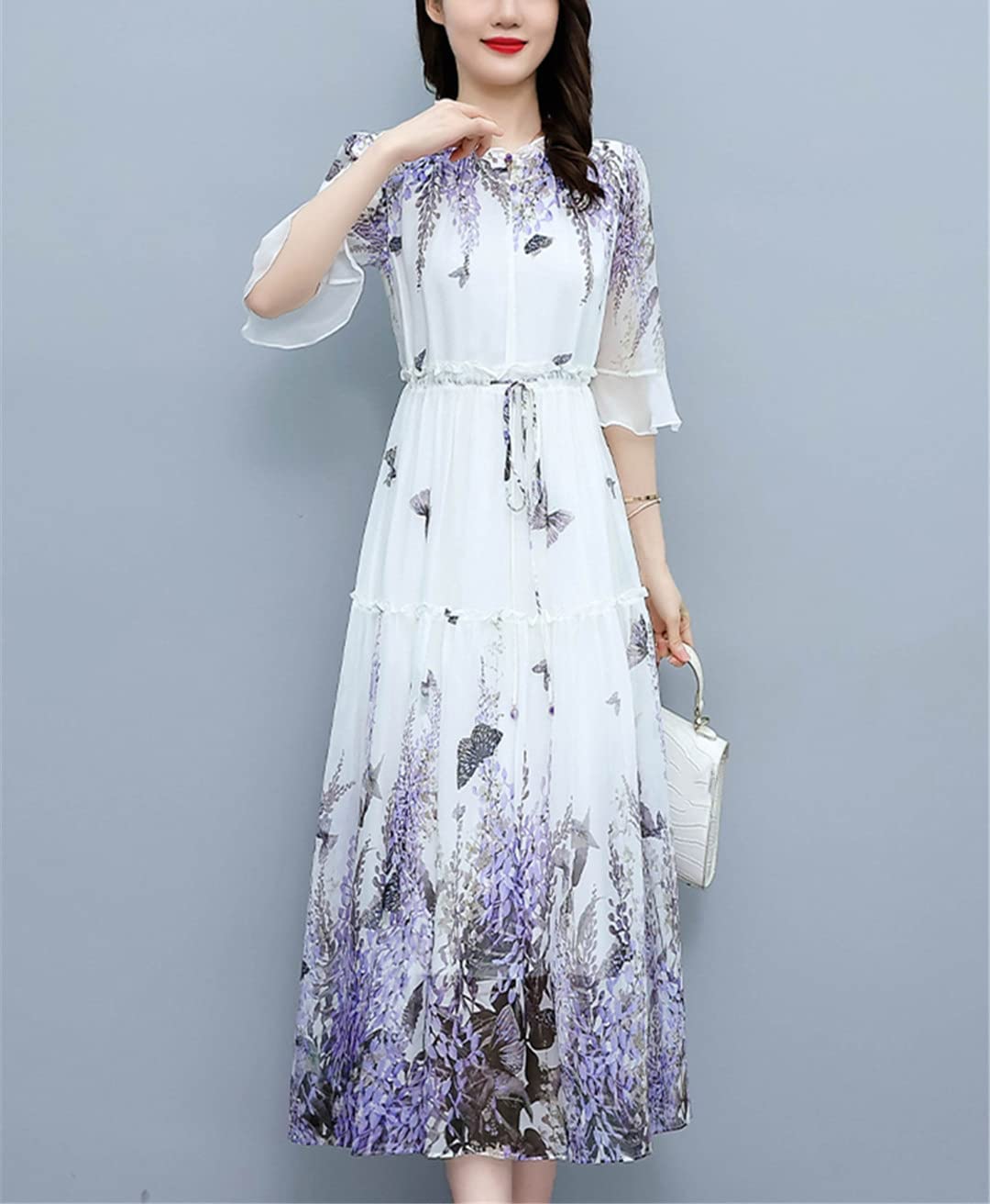 Suwequest Abito lungo da donna casual da spiaggia, estivo, in chiffon, floreale, alla moda, abiti midi per feste eleganti e di lusso