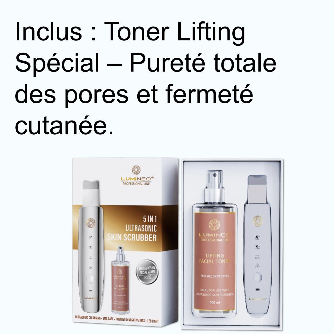 Lumineo Appareil de Gommage à Ultrasons Skin Scrubber 4 Fonctions Ultrasons Ions EMS LED