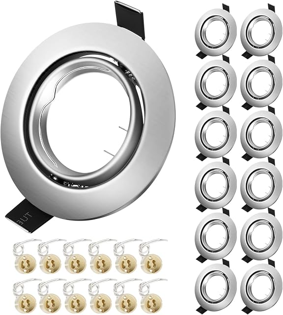 12x Modern GU10 Downlights for Ceiling, Round Brushed Metal Frame for Recessed Ceiling Lights, Tilt Swivel Spotlight - External Dimensions: 90mm, Cut-Out Hole Size:68-80 mm