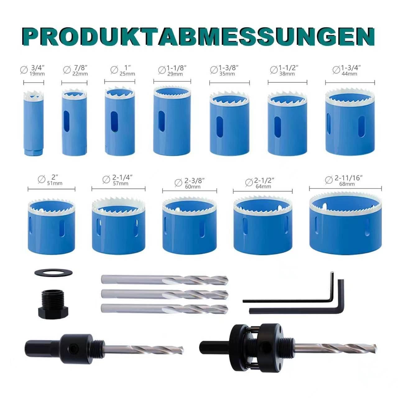 19-teiliges M42 Bimetall Lochsägen Set – Universelles Set mit 12 Größen (19–68 mm) Schnitttiefe (54mm-60mm) Inklusive Zentrierbohrer und Halter Geeignet für verschiedene Materialien und Anwendungen