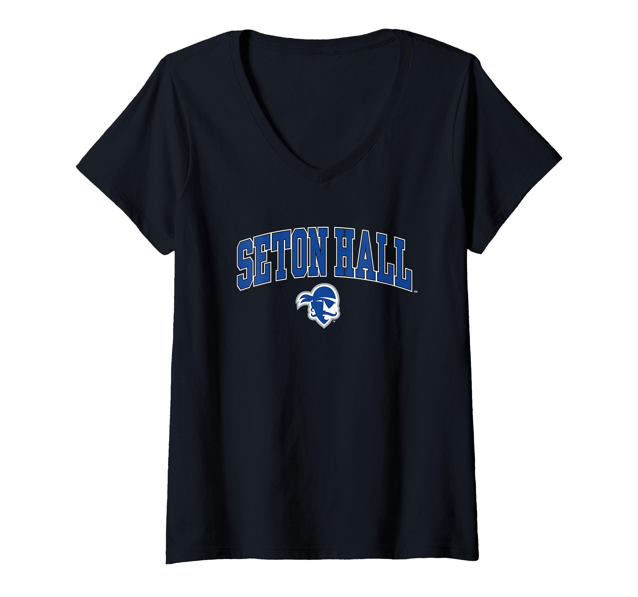 Womens Seton Hall Pirates Arch Over Black Officially Licensed V-Neck T-Shirt