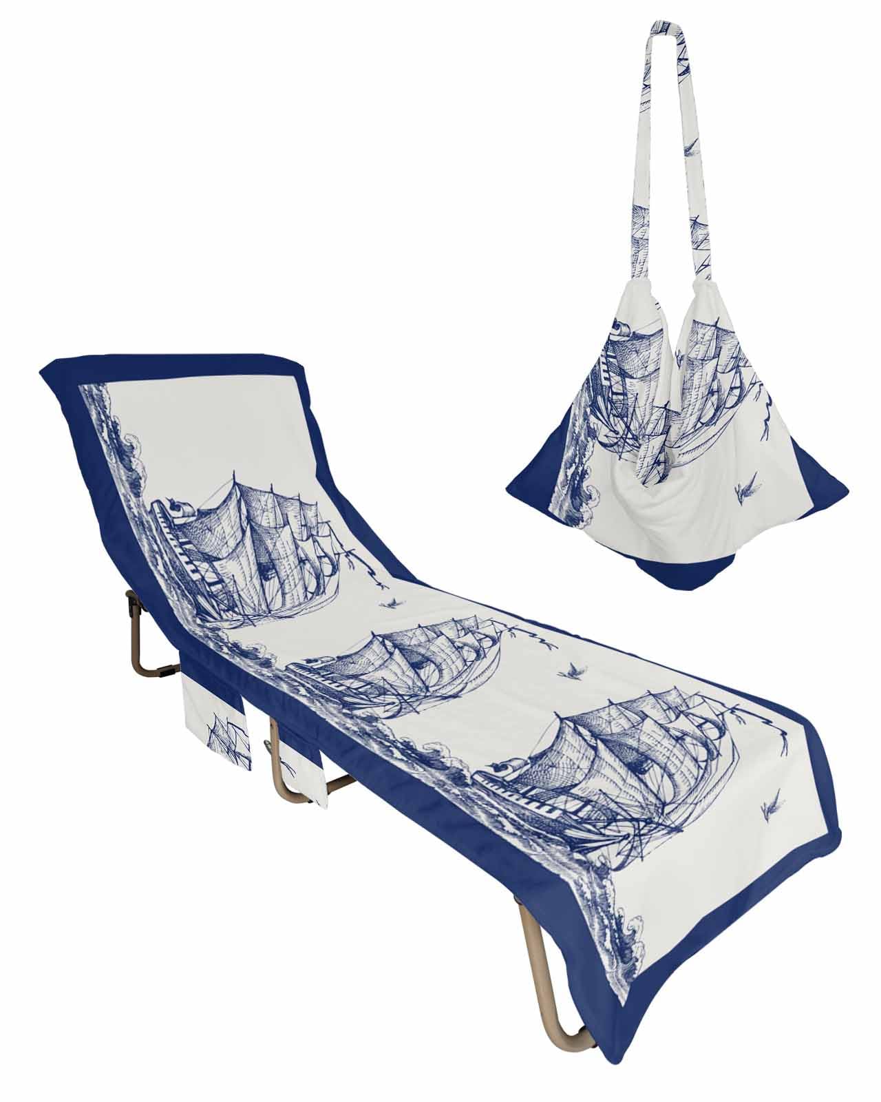 Vintage Sailboat Beach Chair Towel Covers for Chaise Lounge with Side Pocket, Soft Plush Pool Towels Cover for Patio Sunbathing Outdoor Nautical Seagull Coastal Ocean Sea Navy Blue 29''x85''