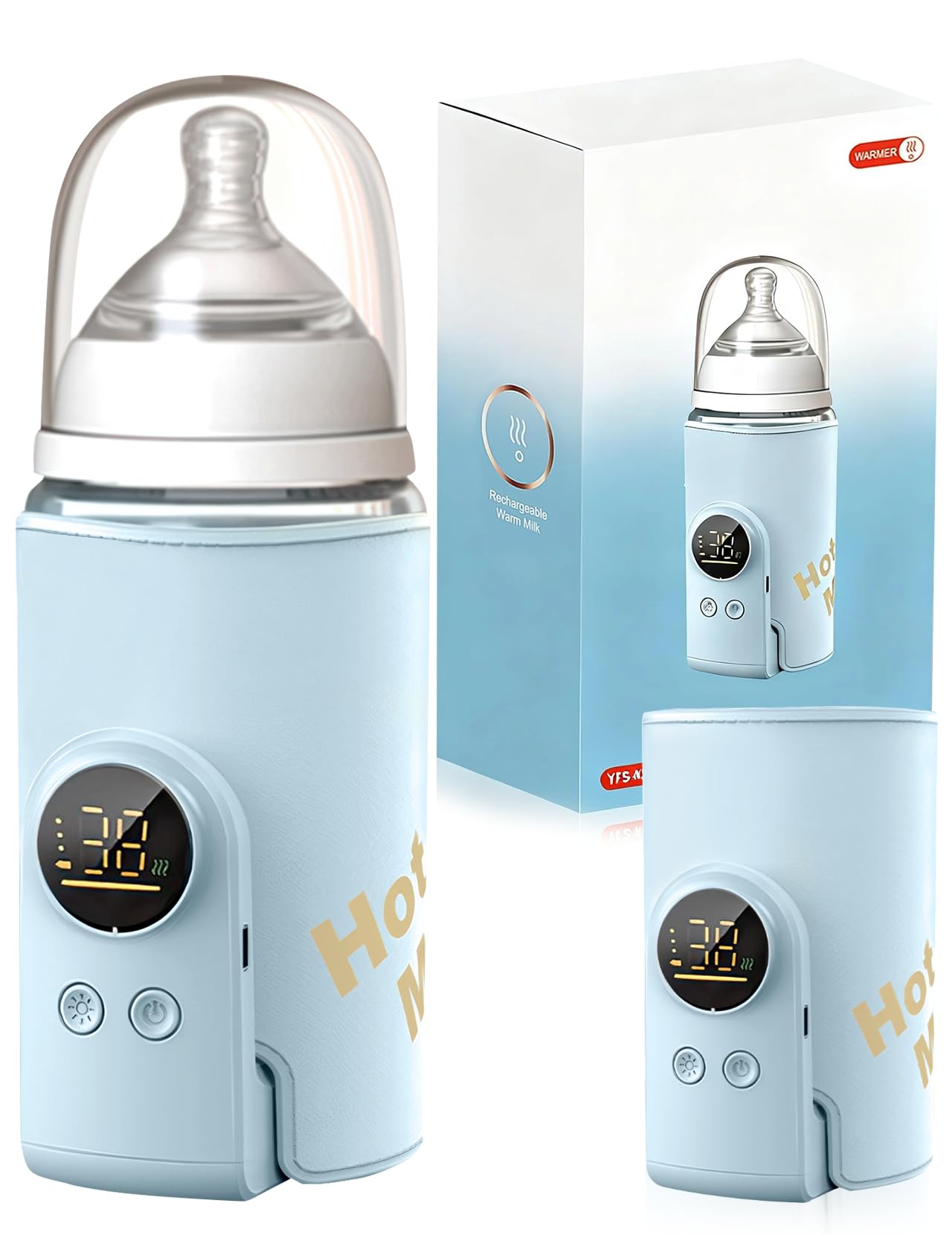 Flaschenwärmer Baby, Babyflaschenwärmer mit 8000mAh Akku, 6 Temperaturstufen 38-50℃, LED-Anzeige & Nachtlicht, Tragbarer Flaschenwärmer Baby USB-Ladefunktion für Unterwegs und Zuhause(Blau)