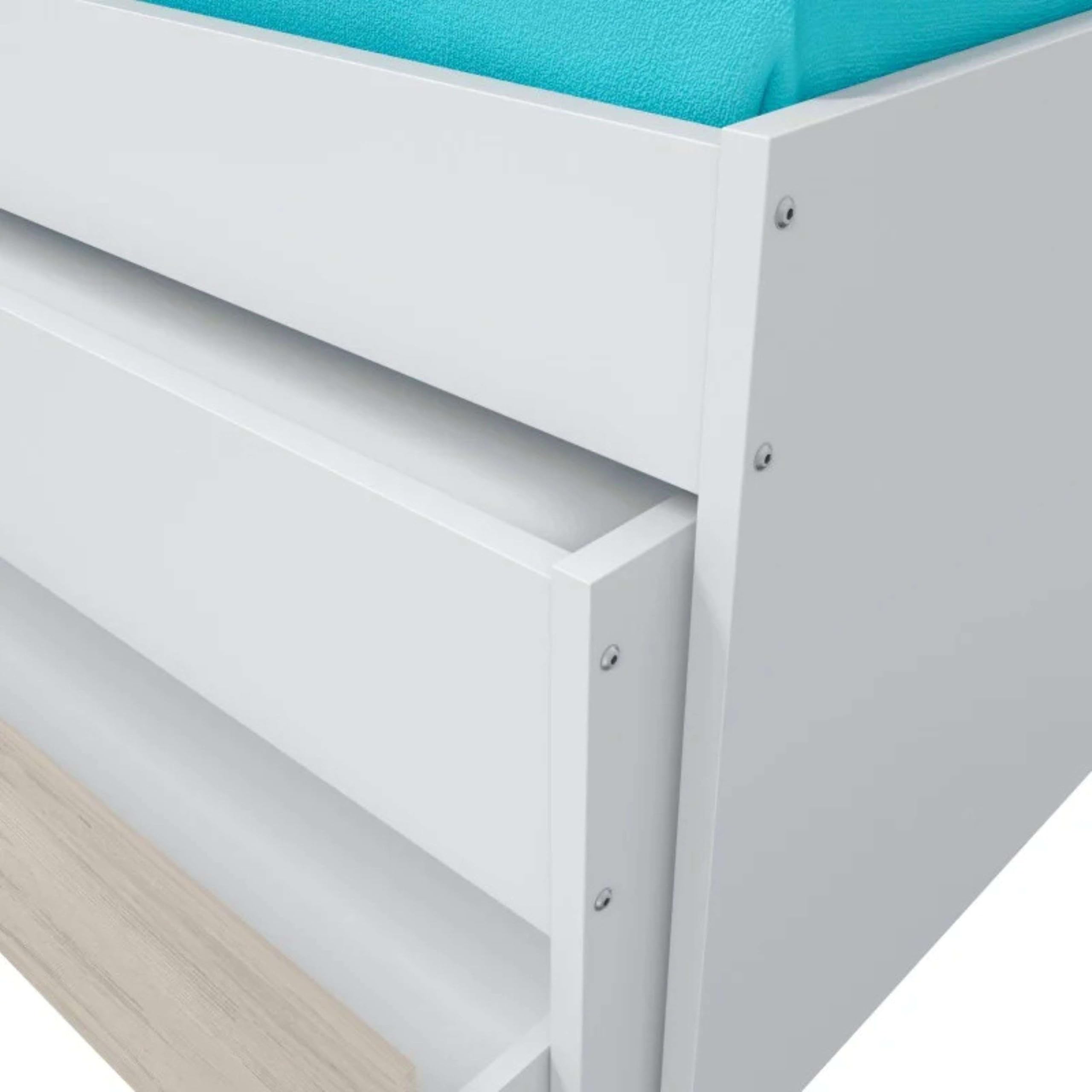 Dmora - Letto per bambini Sunnyvale, Struttura letto per cameretta, Letto singolo con lettino estraibile, cassettone e mensola, 199x96h65 cm, Bianco