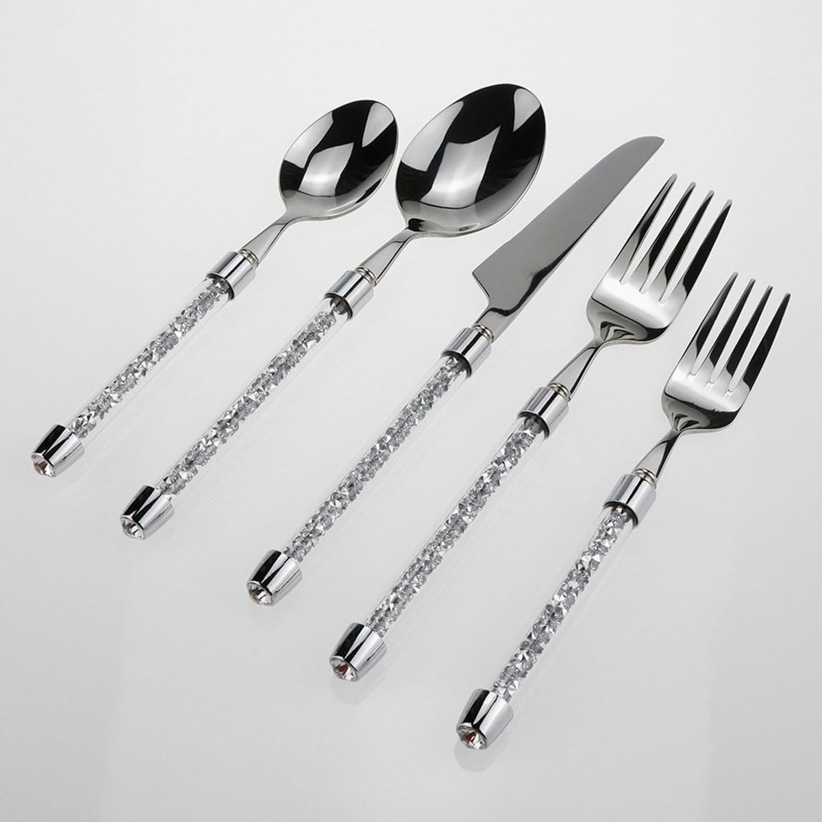 Ce Service de Couverts de 40 pièces en Acier Inoxydable avec Manches en Cristal est idéal pour 8 Personnes. La Vaisselle polie Miroir est Parfaite pour la Maison, la Cuisine et Les restauran