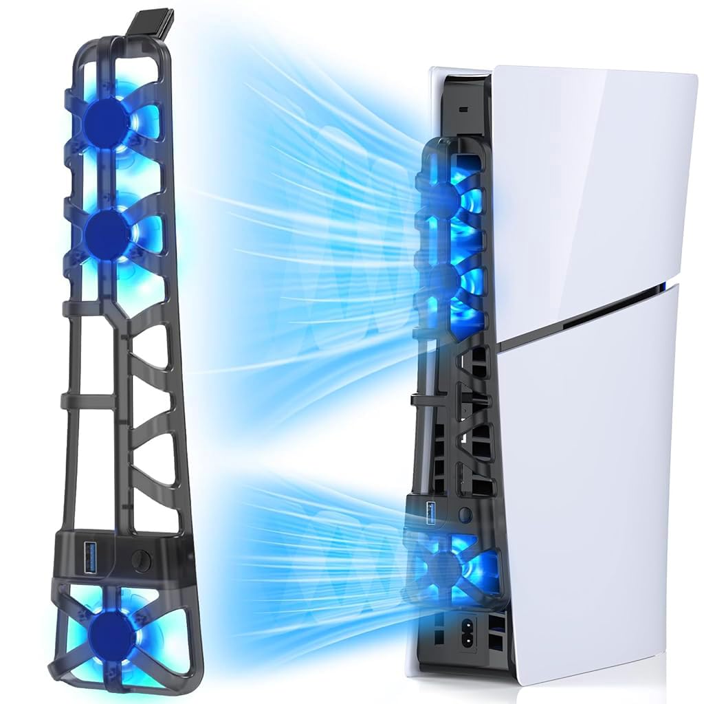 LED Fan for PS5 Slim Console, Quiet Cooler with Memory Function, Accessory with 3 Fans & USB 3.0 Port Compatible with Playstation5 Slim Digital & Disc...