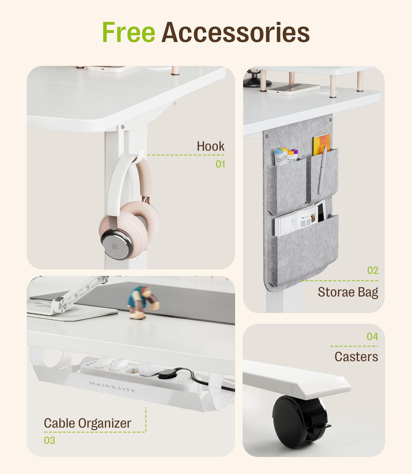MAIDeSITe Mesa Elevadora Eléctrica de Altura Ajustable, 120 x 60 cm Mesa de Pie y Sentado con Bandeja para Cables, Gancho y Bolsillos de Almacenamiento, Mesa Elevadora con Controlador de Memoria