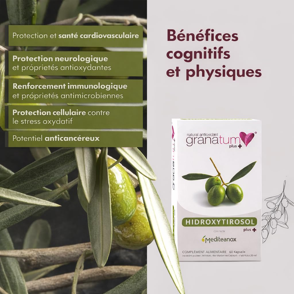 Granatum Plus | Extrait de Olive | Extrait de feuille d'olivier | Extrait de feuilles d'olivier | Hydroxytyrosol Plus | Complément alimentaire | Polyphénols naturels | (1 Boîte de 60 Gélules)