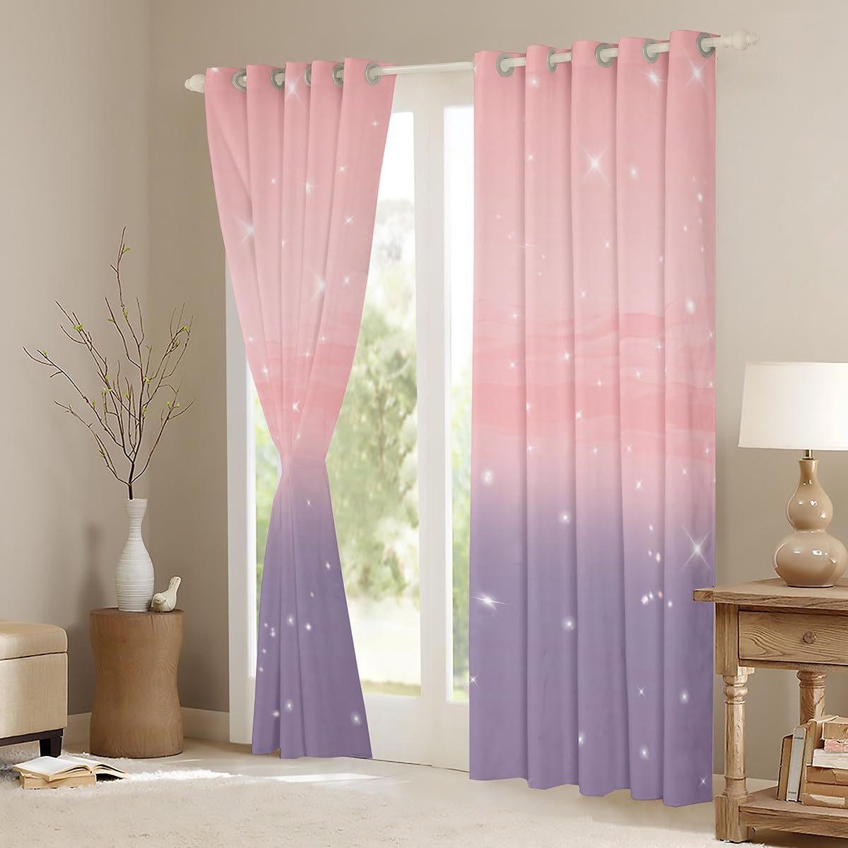 Homemissing Pink and Purple Ombre Curtains for Bedroom Living Room Rainbow Girls 30%-50% Blackout Curtains for Kids Colorful Window Drapes Glitter Window Treatments W66*L90 - Image 3