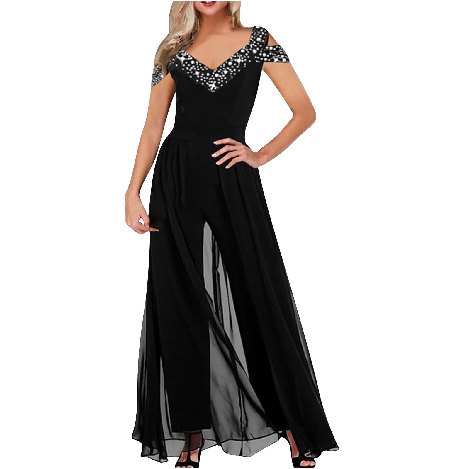 HGps8w Womens V Neck Jumpsuit Elegant Sleeveless Split Front Tunic Shirt Dressy Pant Suits 2 Piece Formal Dress