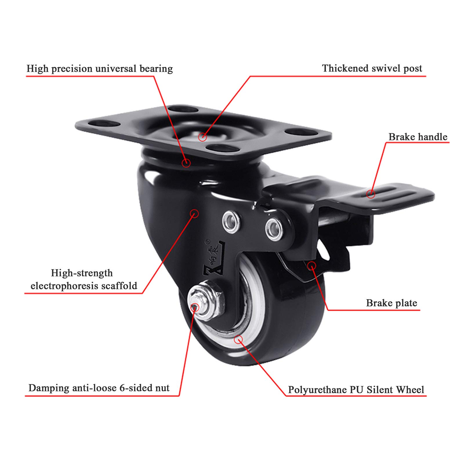 Zwenkwielen voor Meubels, 4 Stuks 1.5/2 Zwenkwielen Meubelwielen Zware Zwenkwielen TPR Rubber Platte Bodem Wielen for Meubelkasten werkbank, Wielspecificatie(4 Fixed,2 inch