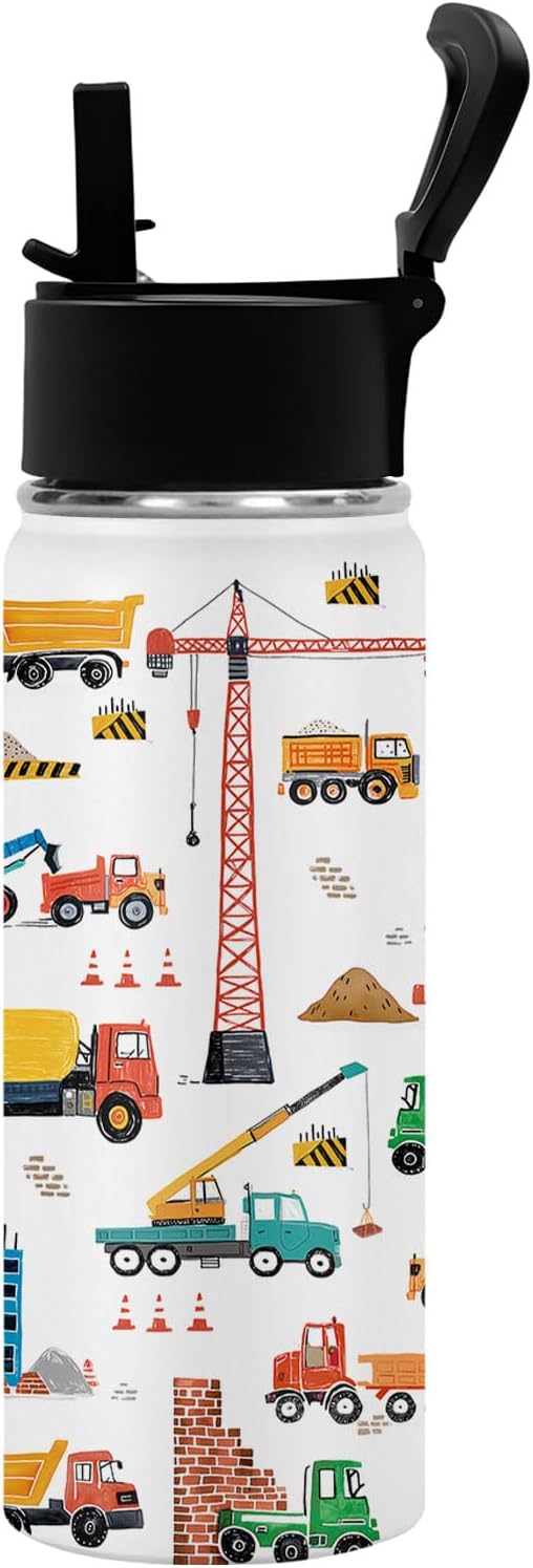 Cartoon Car Excavator Water Bottle for Son, Stainless Steel Insulated Tumbler for Home with 2 Lids & Handle, Antislip Silicone Boot, 18oz Reusable Leak-Proof Bottle for Sports, 1 PCS - Image 3