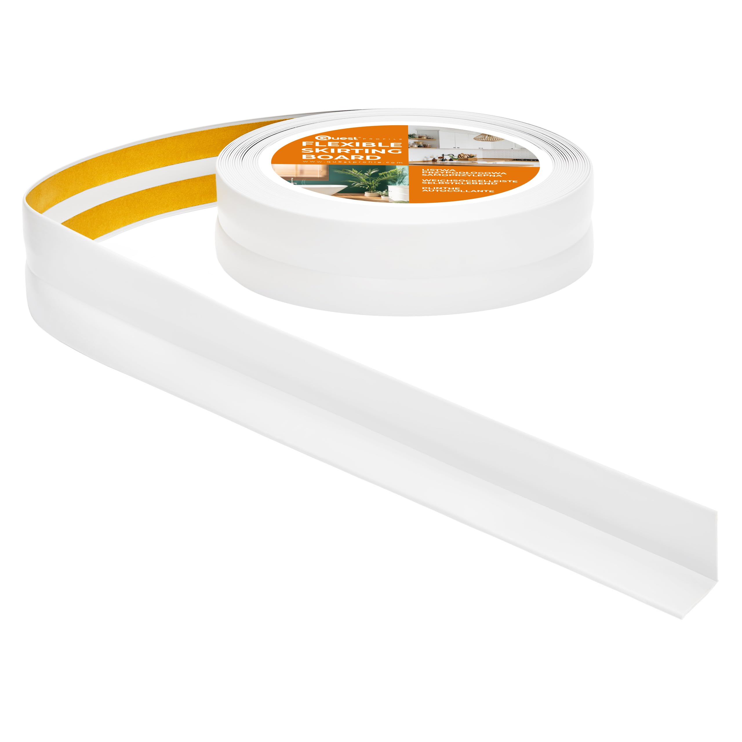 Quest Battiscopa Morbido Adesivo - 30 mm x 30 mm - Finitura Flessibile, Listello in PVC, Profilo Angolare per Cucina, Bagno, Parete, Pavimento - Decorativo, Resistente ai raggi UV (Bianco, 5m)