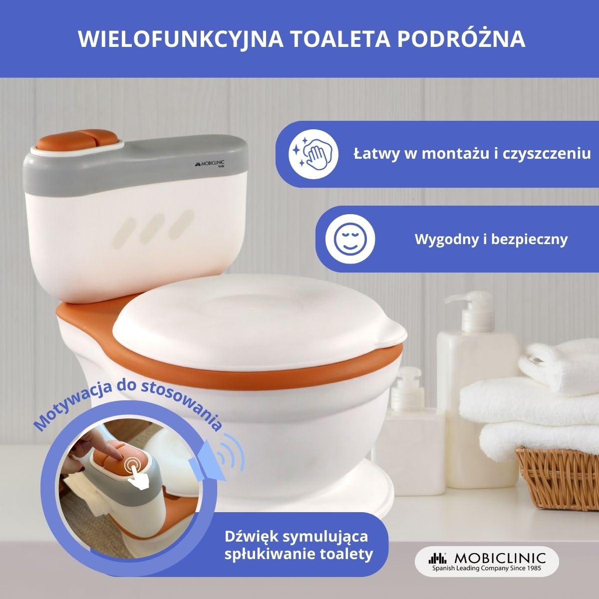 Mobiclinic® kids, Nocnik dla dzieci, Toikid, Wiek 1-6 lat, Z pokrywką, Dźwięk spłukiwania, Przegroda na papier toaletowy, Zasilany bateriami, Wyjmowana misa, Nieprzemakalne siedzisko