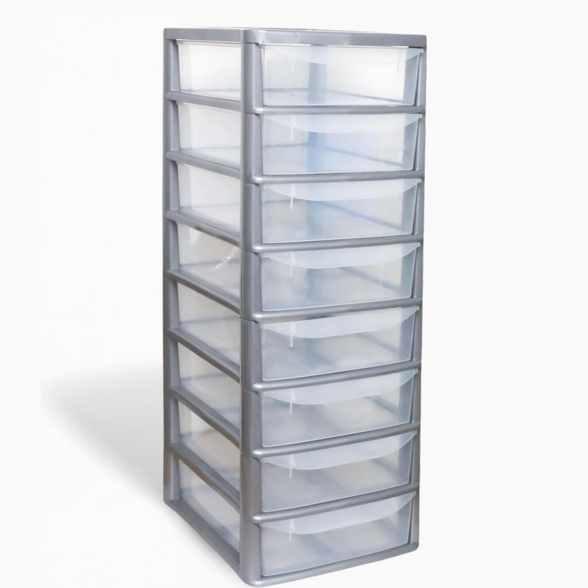 KYY'Z - A4 Plastic Slim Drawers Storage Unit for Home and Office Organisation Durable Lightweight Stackable Design Easy Access Storage for Papers Stationery Supplies (A4 Silver/Clear Slim 8 Drawers)