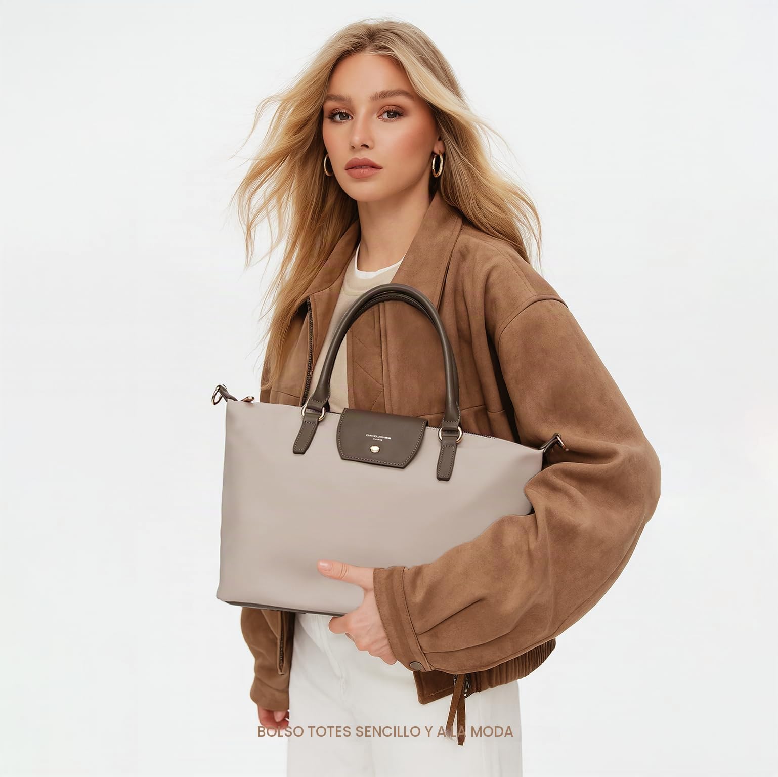 David Jones – Bolso de mano y bandolera de nylon para mujer, flexible, gran capacidad, para compras y hombro, trabajo urbano, viaje, moda original, blanco, talla única