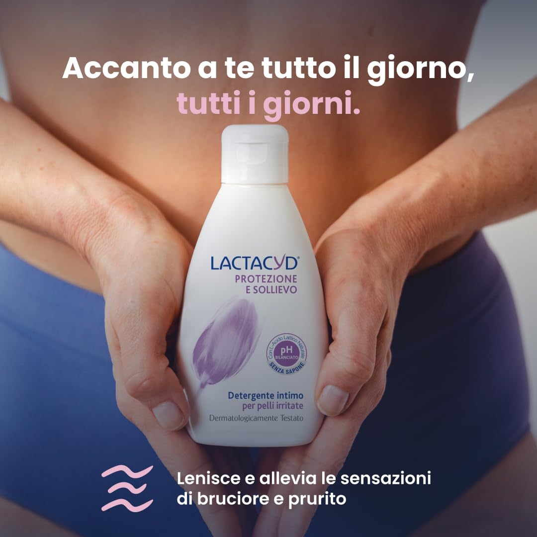 Lactacyd Protezione & Sollievo, gel Detergente Intimo per Pelli Irritate, Allevia Bruciore e Prurito, Senza Sapone, con Arnica e Proteine del Riso, 6 Flaconi da 300 Ml