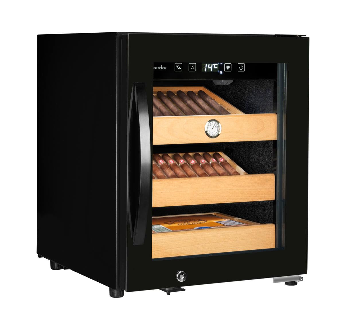 LA SOMMELIERE Puro Saklama Dolabı, 250 Puro Kapasiteli CIG251 - Dijital Sıcaklık ve Nemölçer Göstergesi, Ayarlanabilir 10-22°C Sıcaklık Ayarı, Kilitli UV Korumalı Cam Kapı, Dolap İçi LED Aydınlatma