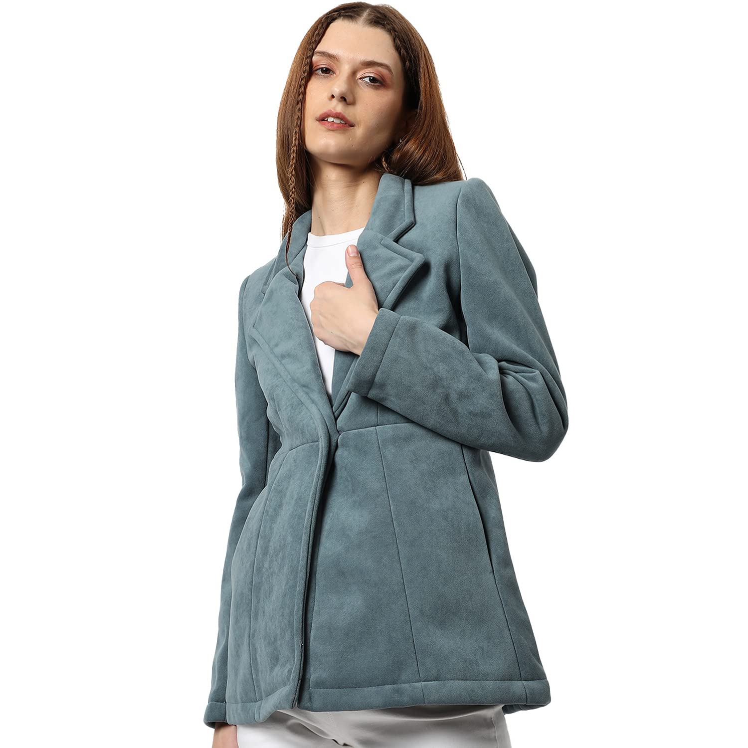 Campus Sutra Women's Solid Regular Fit Blazer for Winter Wear | Collared Neck | Full Sleeve | Buttoned | Casual Jacket for Woman & Girl | Western Stylish Jacket for Women in neutral