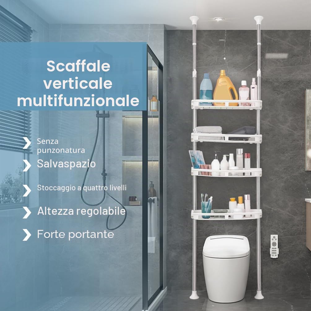 BAOYOUNI Scaffale Telescopico con 4 Cestelli, Mensola Portaoggetti sopra Toilette, Scaffalatura Salvaspazio per Bagno, Lavanderia, Camera da Letto, Ufficio o Cucina, Regolabili in Altezza, Avorio