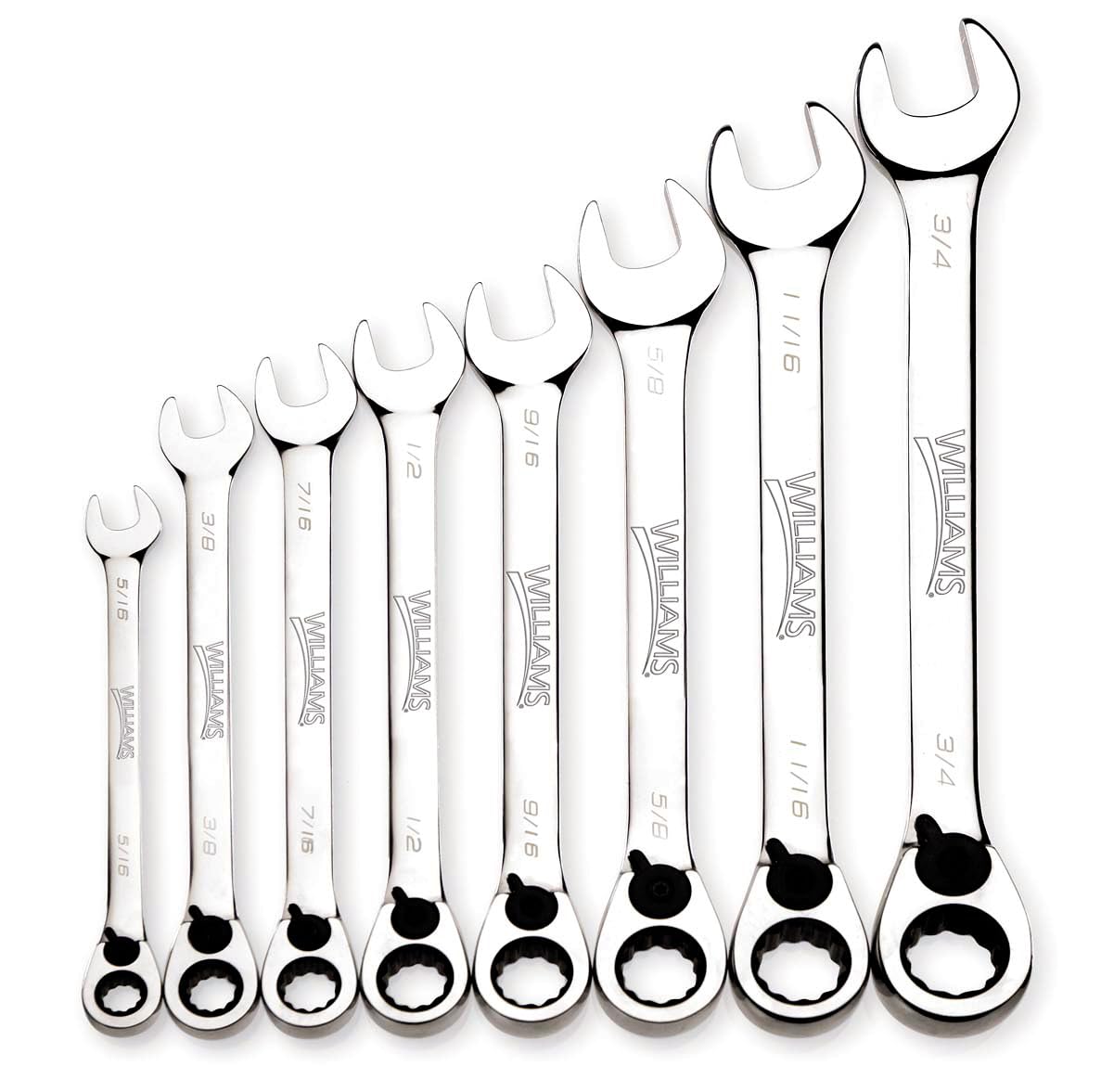 8 Piece SAE Reversible Ratcheting Combination Wrench Set, High-Polish Chrome, Quick-Access Ratchet Lever & Recessed Corners for Enhanced Grip and Turning Power