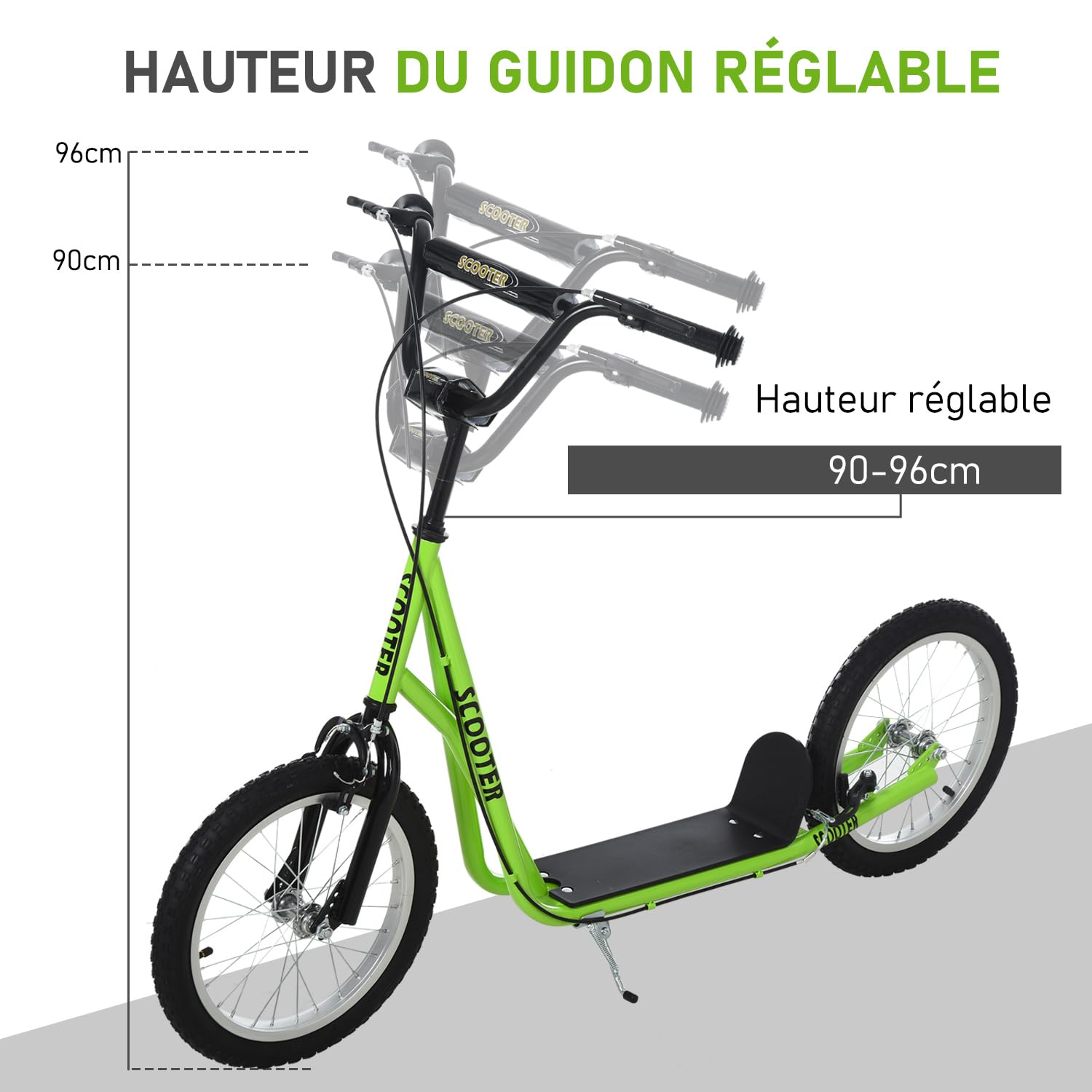 HOMCOM Trottinette patinette pour Enfants à partir de 5 Ans Grands pneus en Caoutchouc Guidon réglable poignée Frein et béquille Acier Charge Max. 100 Kg