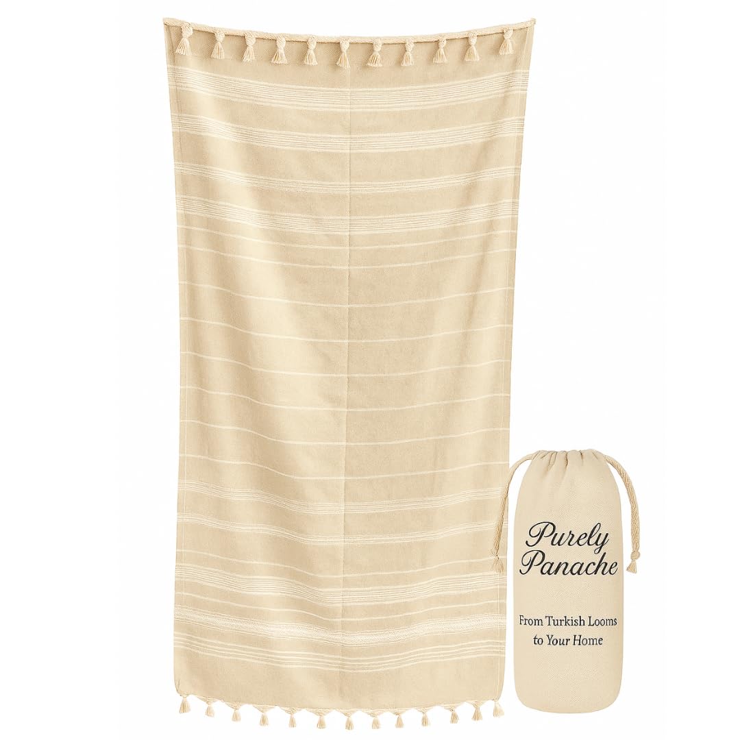 Purely Panache Oversized 100% Turkish Cotton Hammam Peshtemal 100x180cm – Quick Dry Lightweight Bath & Travel Towel with Carry Bag (Yellow - White Stripe) — gentle — tassels — weave