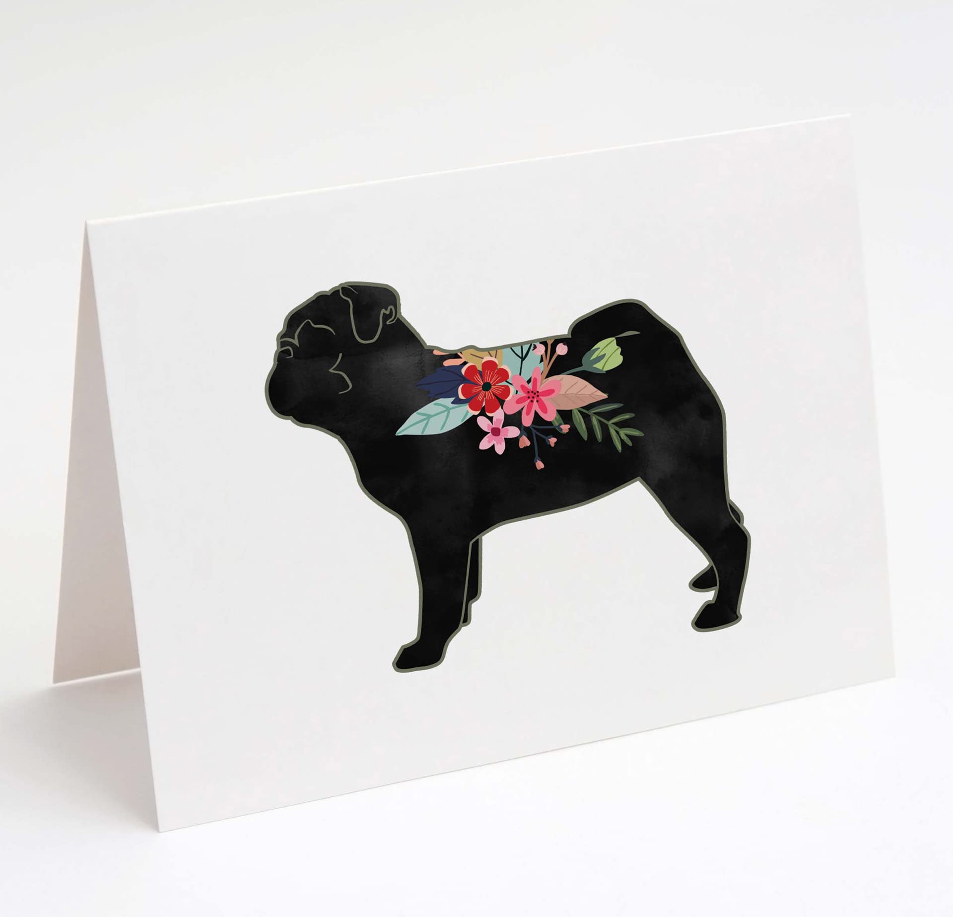 | Pug |100 Breeds| Dog Breed Silhouette Boho Floral Greeting Cards and Envelopes | Pack of 8 | A2 Size Blank Note Cards