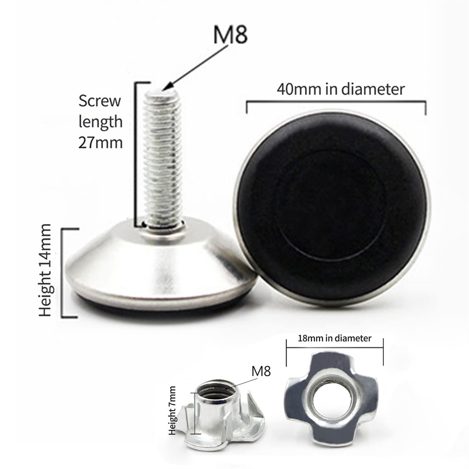 QUNINE Pies de nivelación 20PCS Pies Ajustables para Muebles M8 T Carril Deslizante roscado Muebles Pies de nivelación Muebles de Oficina Patas niveladoras de sofá