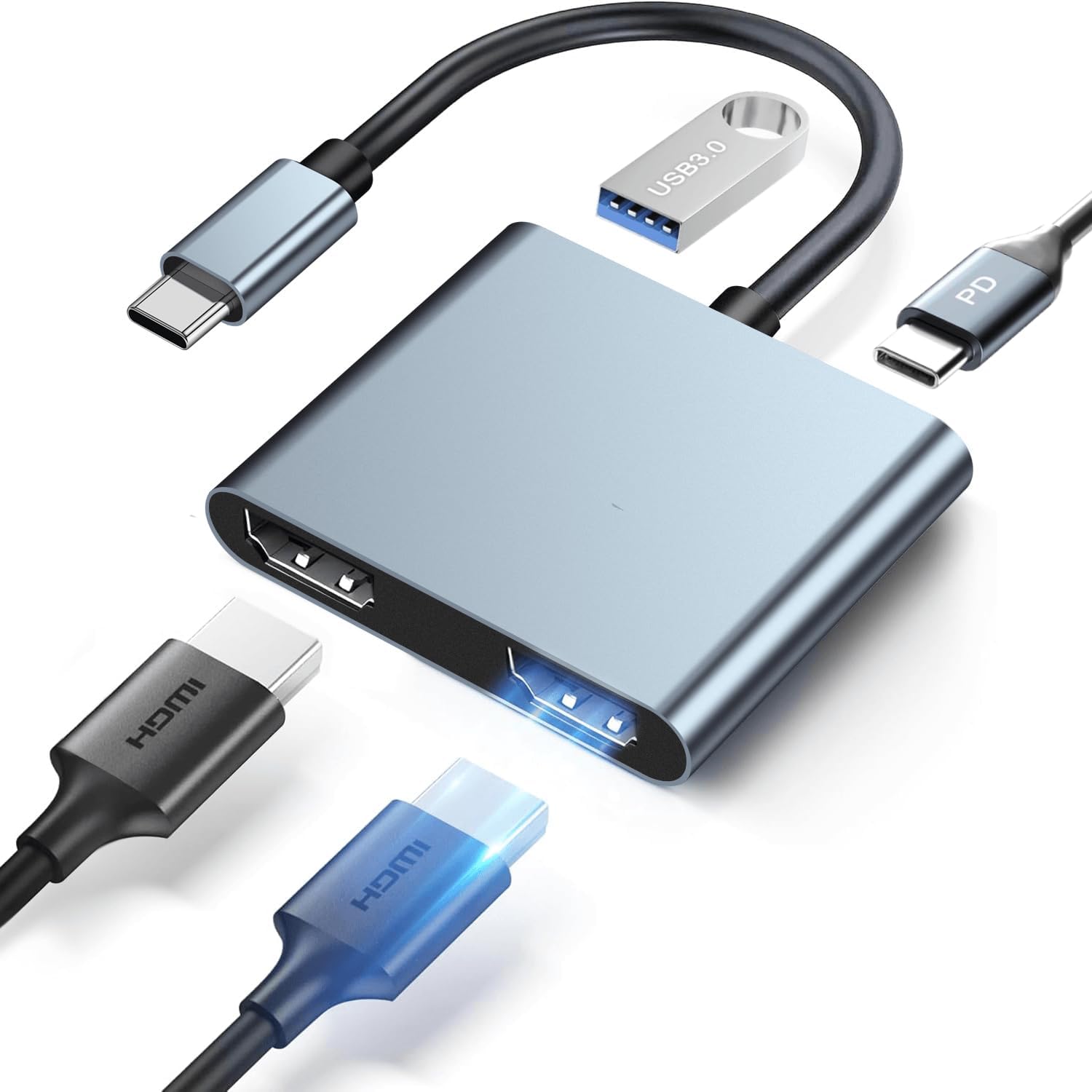 USB C HDMI 変換アダプター デュアル マルチディスプレイアダプタ 3画面 2ポート【4K対応2つのHDMI+USB3.0+USB-C PD充電】デュアル拡張器 タイプC ディスプレイアダプタ 拡張/複製 HDMI ハブ ドッキングステーション MackBook/Galaxy Tab/他のタイプC デバイス対応在宅勤務 軽量