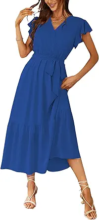 PRETTYGARDEN Women's Summer Floral Boho Maxi Dress Wrap Short Sleeve V Neck Ruffle A-Line Flowy Wedding Guest Long Dresses