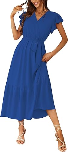 PRETTYGARDEN Women's Summer Floral Boho Maxi Dress Wrap Short Sleeve V Neck Ruffle A-Line Flowy Wedding Guest Long Dresses