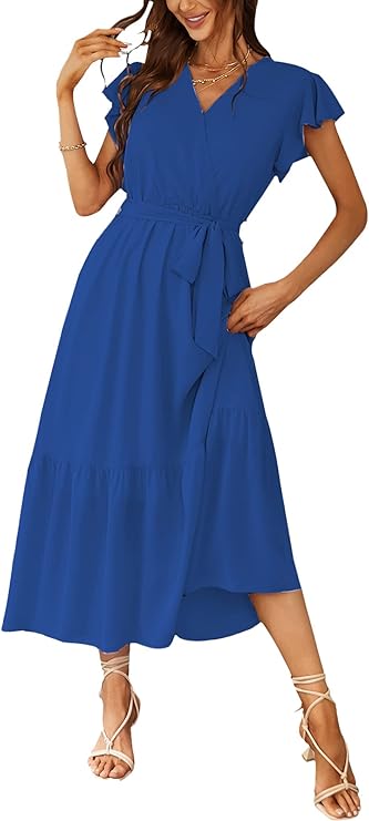 PRETTYGARDEN Women's Summer Floral Boho Maxi Dress Wrap Short Sleeve V Neck Ruffle A-Line Flowy Wedding Guest Long Dresses