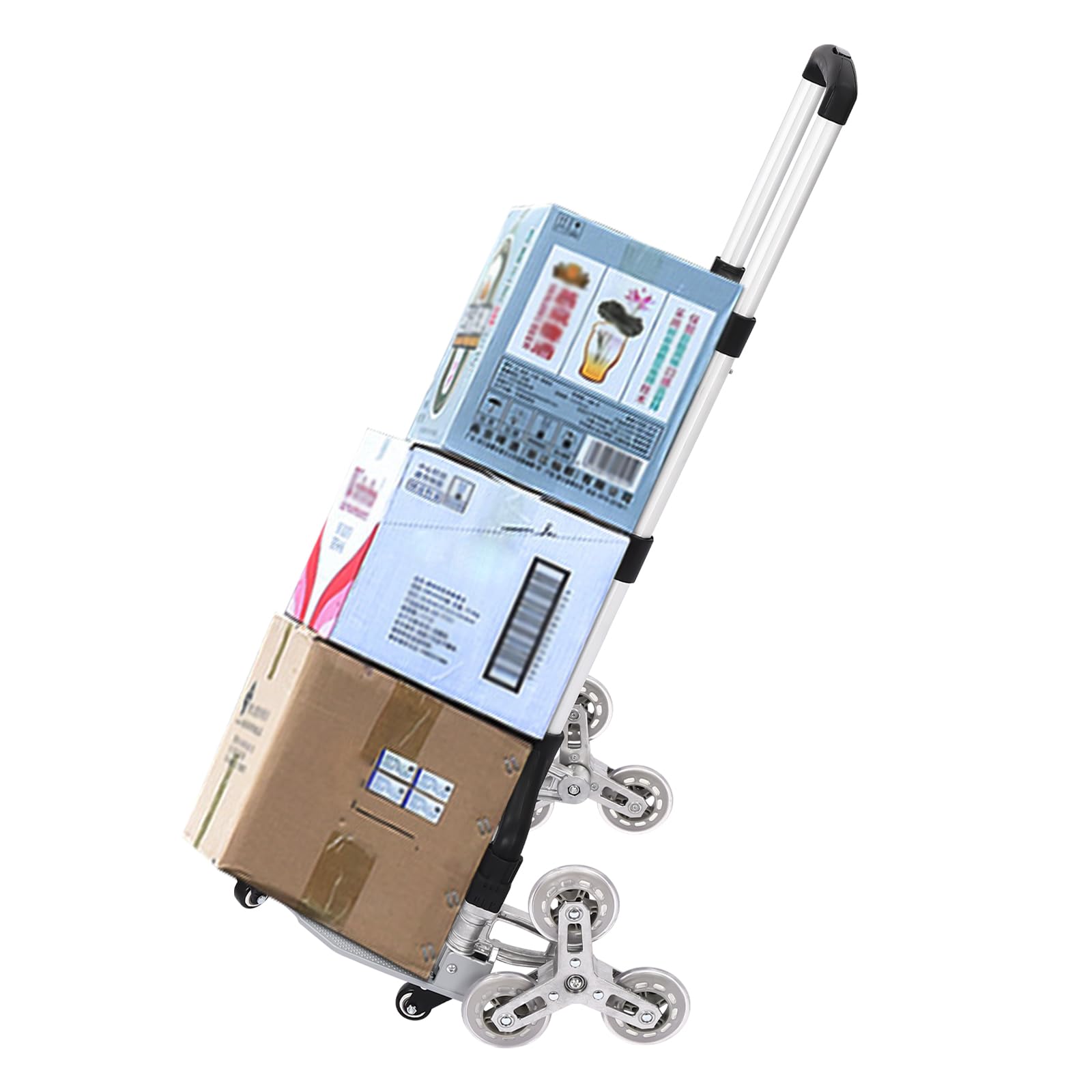 Carro de escalera plegable, carro de mano extensible | negro + plata | 48 x 6 x 106 cm | cada lado tiene 3 ruedas de PVC |