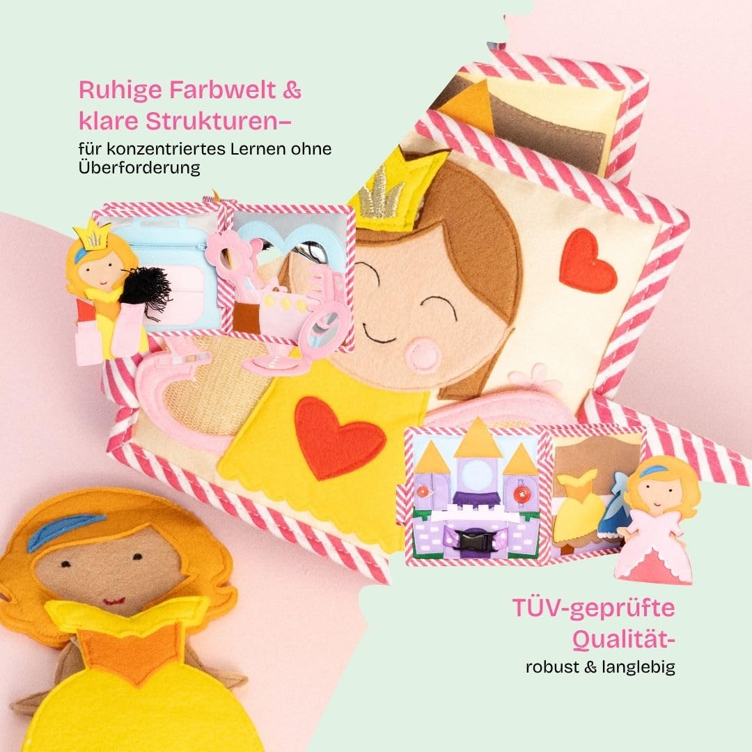 Jolly Designs Mini Quiet Book Kleine Prinzessin – Montessori Spielzeug ab 36 Monaten – Sensorisches Stoffbuch für Kinder – Handgemachtes Busy Book mit 6 Aktivitätsseiten