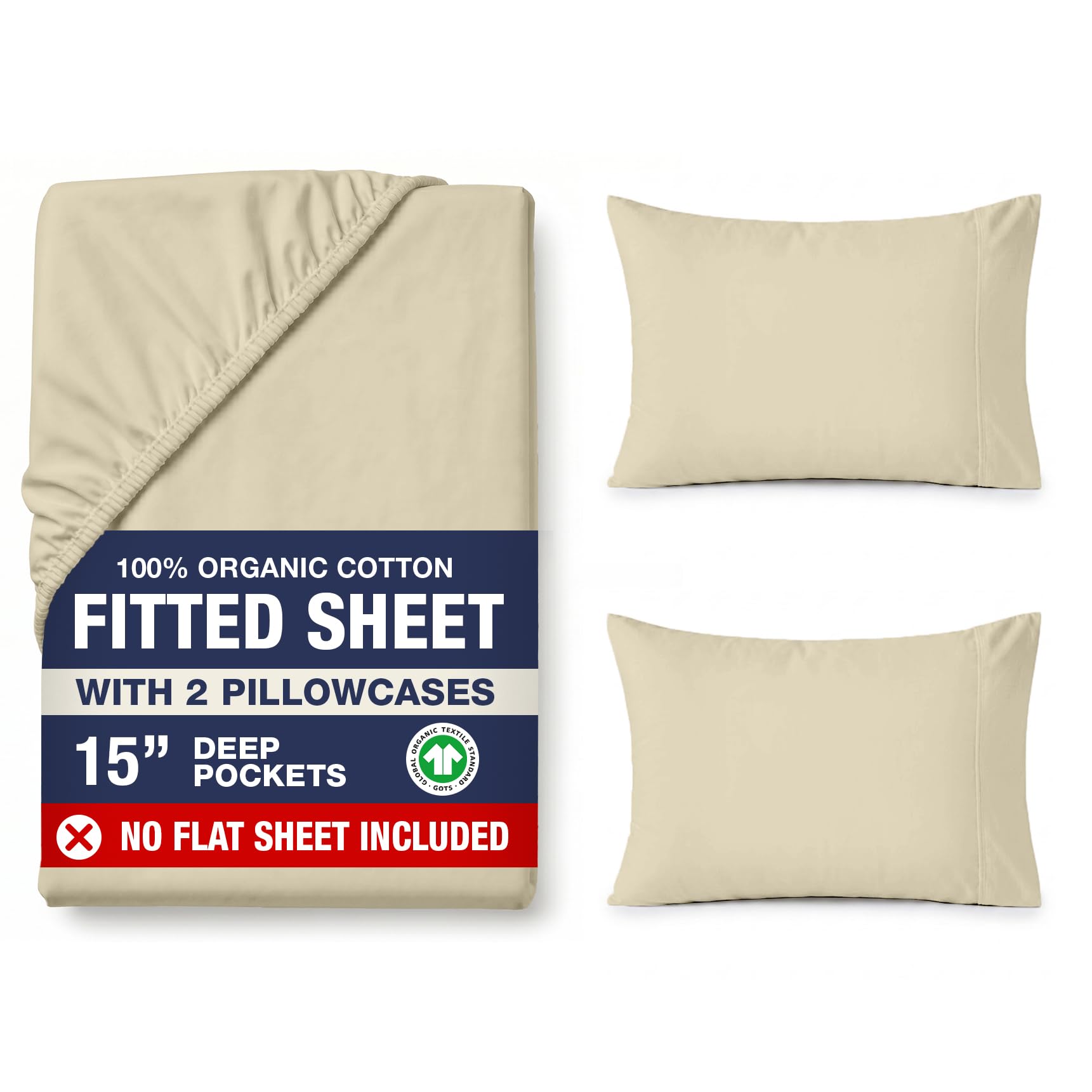 Lane Linen King Fitted Sheet – 100% Organic Cotton, Soft & Breathable with 2 Pillowcases, 35cm Deep Pocket, All-Round Elastic Bottom Sheet - Beige — image 1