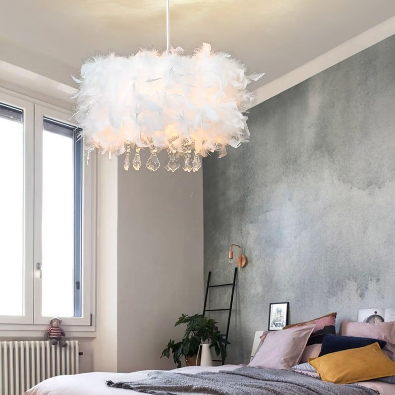 Lámpara colgante de plumas de cristal Lámpara colgante de plumas blancas Lámpara de techo Lámpara de techo, Lujo romántico para sala de estar, Comedor, 40 CM / 15.9 PULGADAS