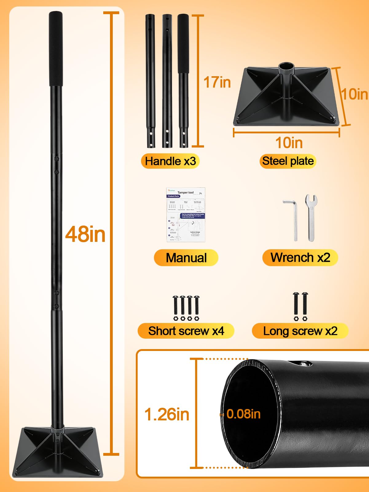 Robuster Stahl-Stampfer, 25,4 x 25,4 cm, Handboden-Tamper für Landschaftsgestaltung für Boden- und Kies-Nivellierung – ergonomisches Tamper-Design, insgesamt 122 cm