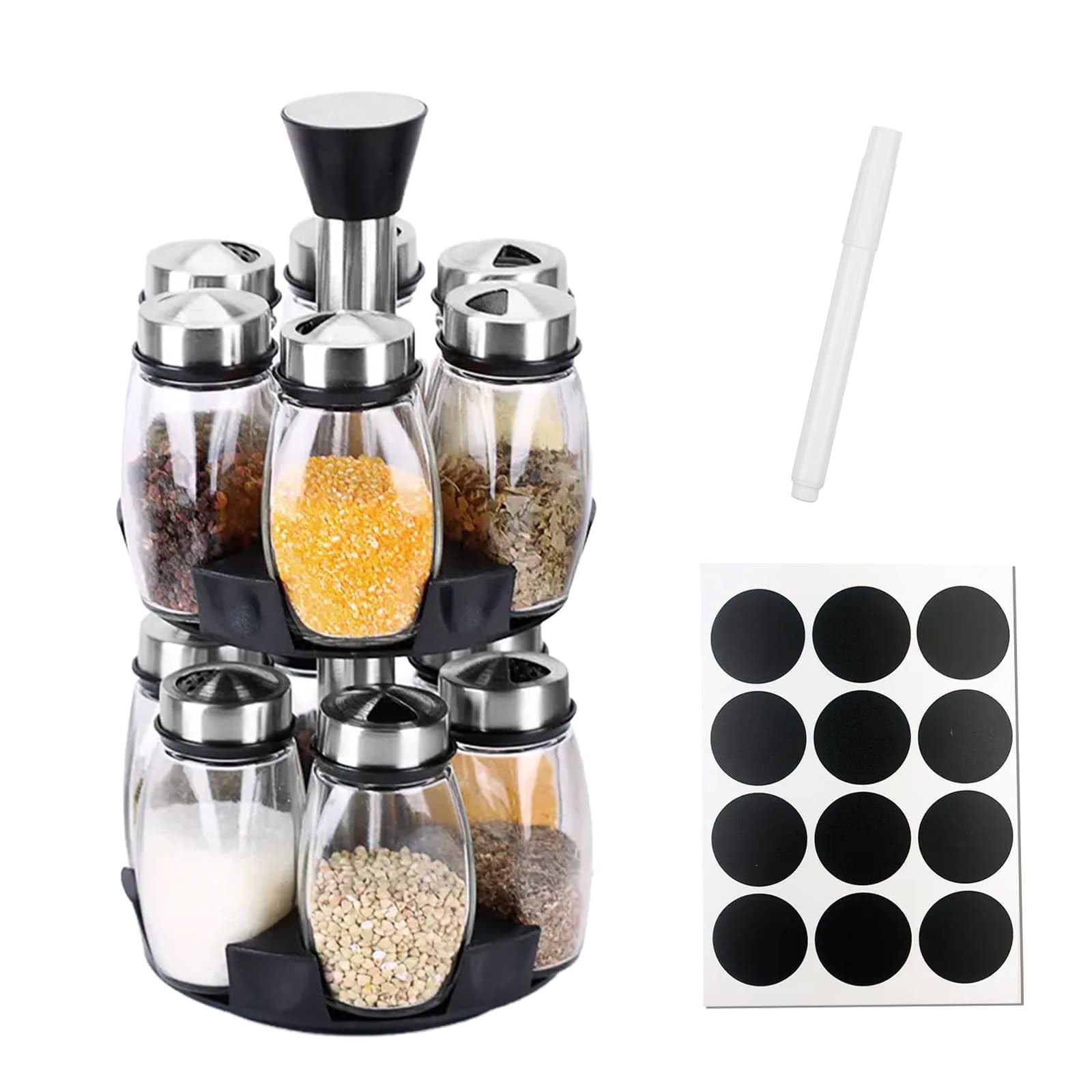 2-Tier Revolving Spice Rack Organizer with 12Pcs Spice Jars 120ml, Spinning Countertop Herb and Spice Storage Rack Tower Organizer with Labels and Pen, 360°Revolving Kitchen Countertop Freestanding Ca